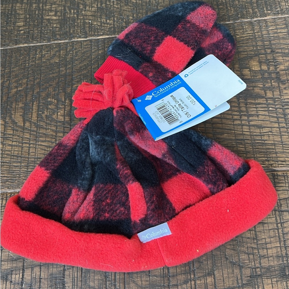 NWT Columbia Frosty Fleece Buffalo plaid hat and mitten set toddler one size